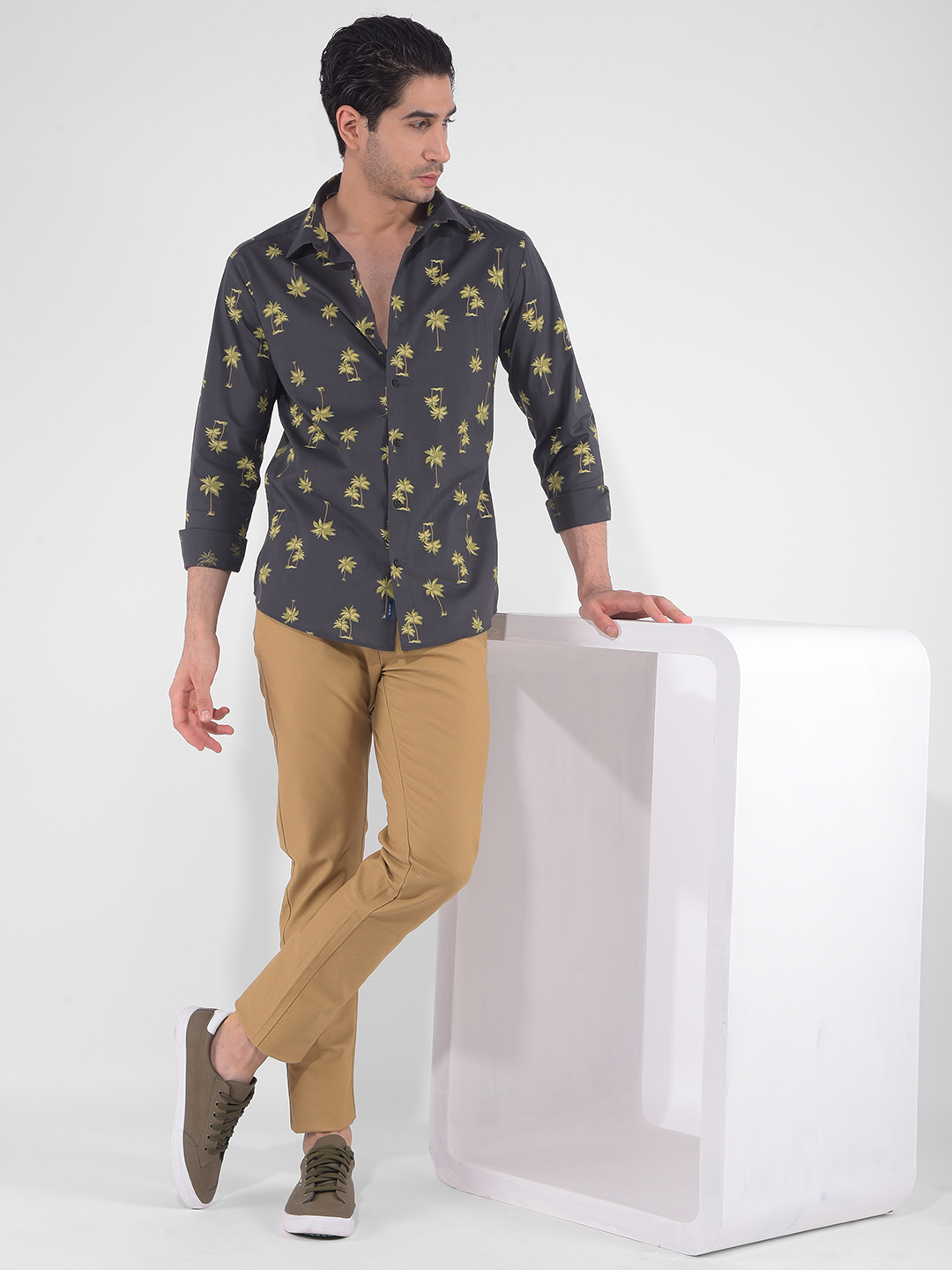 Numero Uno Men Tropical Print Dark Grey Shirt